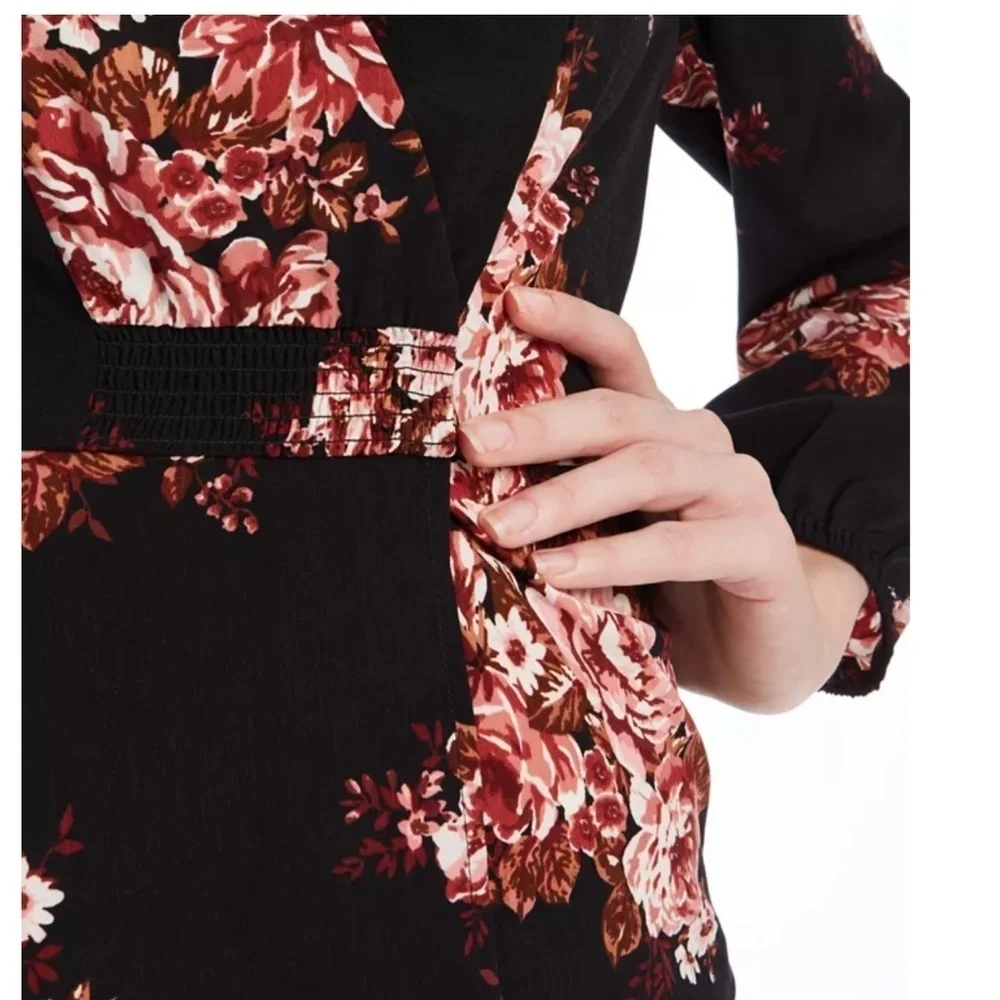 Leyden Floral-Print Faux Wrap Blouse Black/Pink/White Size XL EUC
